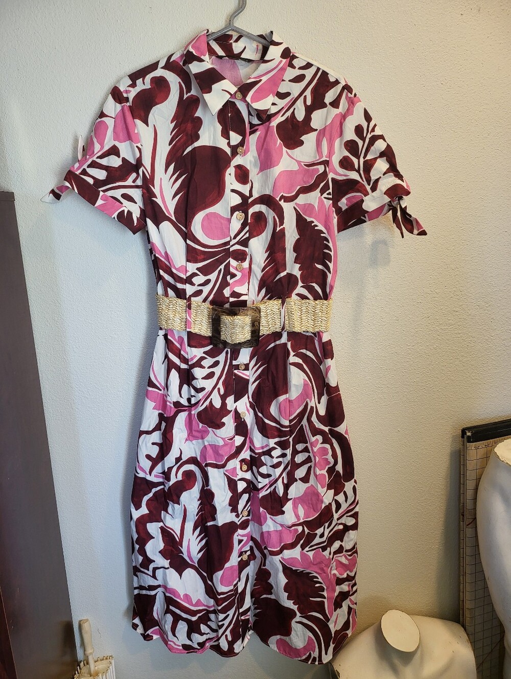 Zara Floral Belted Midi Shirt Dress Women's Size M Medium Cotton